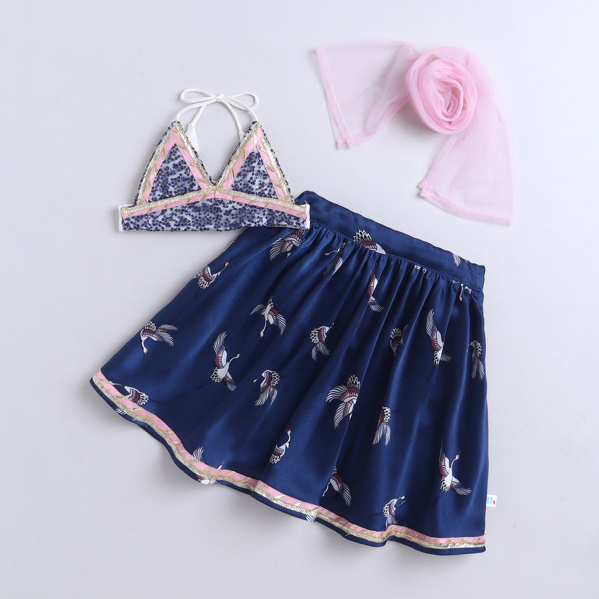 Many Frocks & Satin Sequine Net Sleeveless Lace Embellished Flemingo Printed Full Length Girl Ethnic Lehenga Choli Dupatta Set - Blue