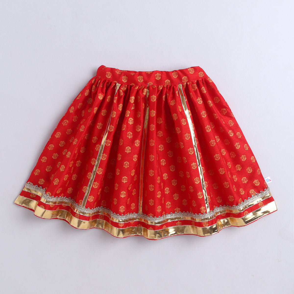 Many Frocks &  Sleeveless Gota Lace Embellished  Printed Full Length Girl Ethnic Lehenga Choli Dupatta Set - Red