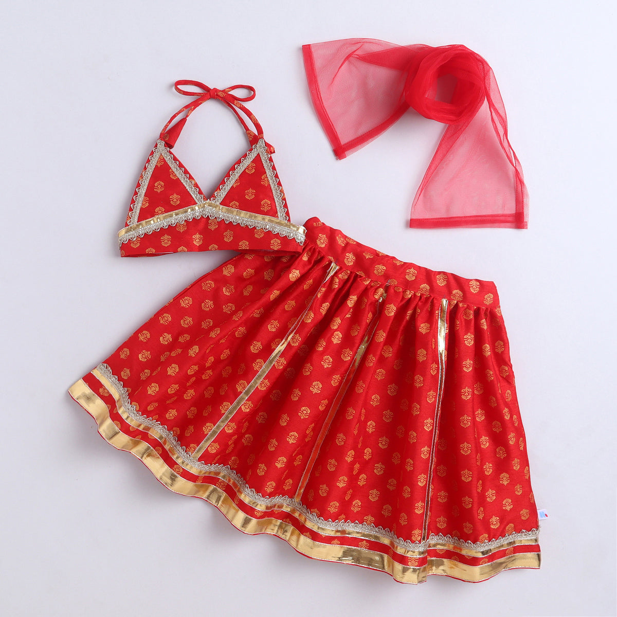 Many Frocks &  Sleeveless Gota Lace Embellished  Printed Full Length Girl Ethnic Lehenga Choli Dupatta Set - Red