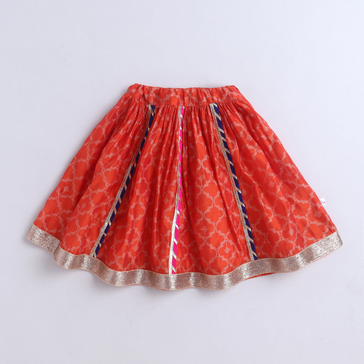 Many Frocks & Chanderi &  Cotton Sleeveless Lace Embellished Printed Full Length Girl Ethnic Lehenga Choli Dupatta Set - Orange & Pink