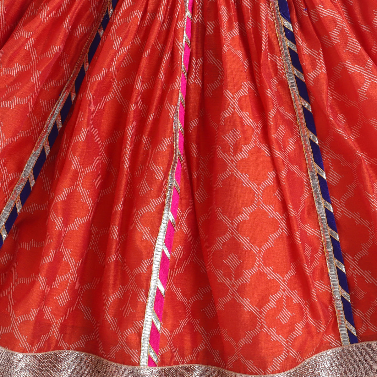 Many Frocks & Chanderi &  Cotton Sleeveless Lace Embellished Printed Full Length Girl Ethnic Lehenga Choli Dupatta Set - Orange & Pink