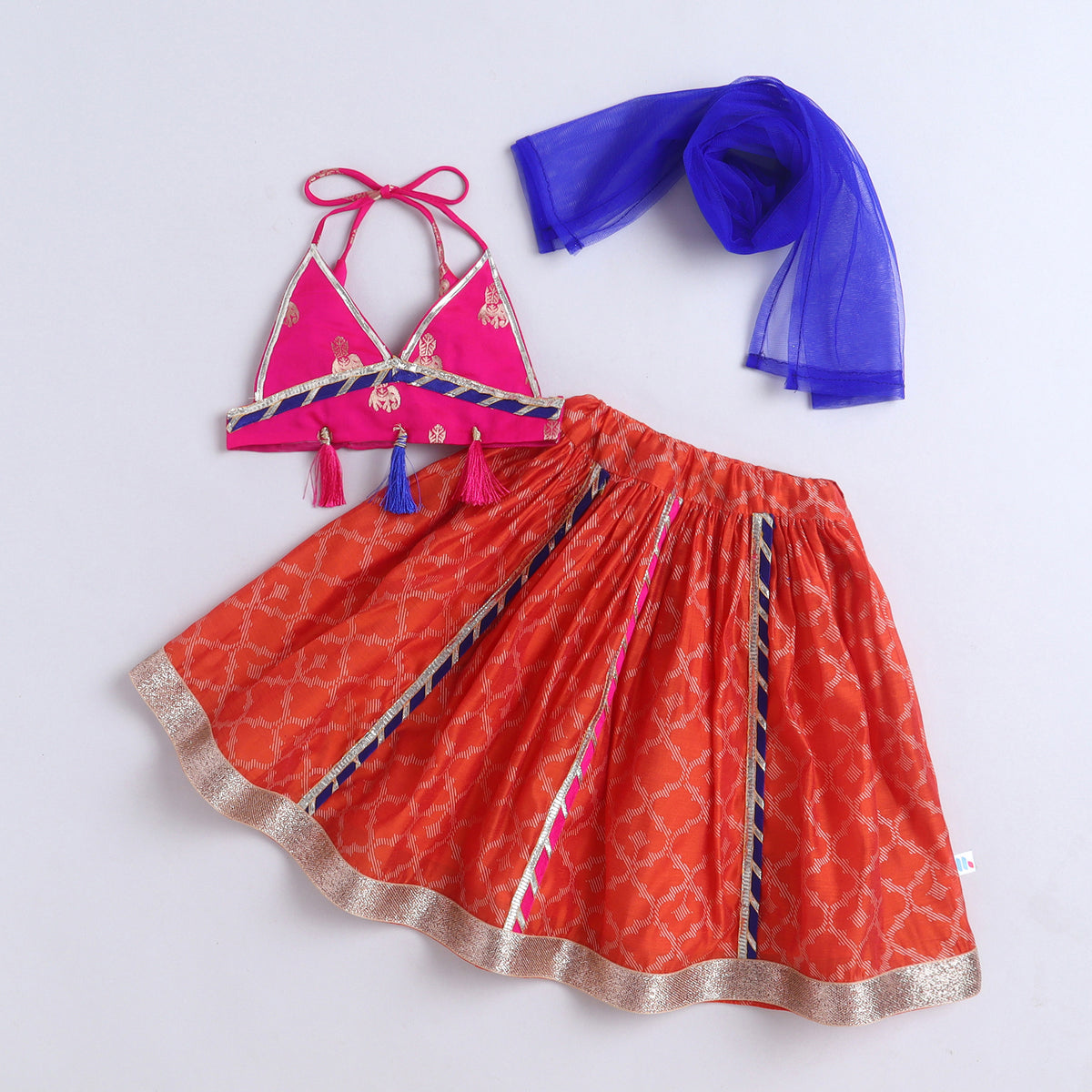 Many Frocks & Chanderi &  Cotton Sleeveless Lace Embellished Printed Full Length Girl Ethnic Lehenga Choli Dupatta Set - Orange & Pink
