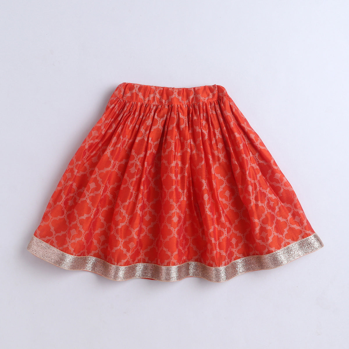 Many Frocks & Chanderi &  Cotton Sleeveless Lace Embellished Printed Full Length Girl Ethnic Lehenga Choli Dupatta Set - Orange & Pink
