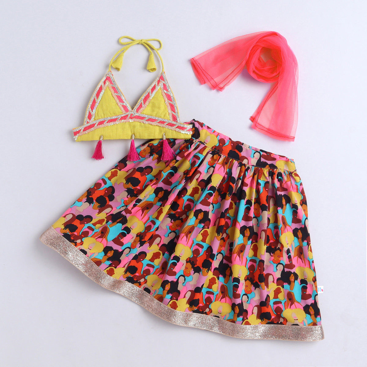 Many Frocks & Crepe & Cotton Sleeveless Lace Embellished Printed Full Length Girl Ethnic Lehenga Choli Dupatta Set - Multi & Yellow