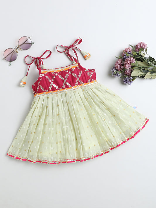 Many Frocks & Chanderi Sleeveless Lace Embellished Knee Length Flared Jhabla Baby Girls Ethnic Dress - Mint Green & Pink