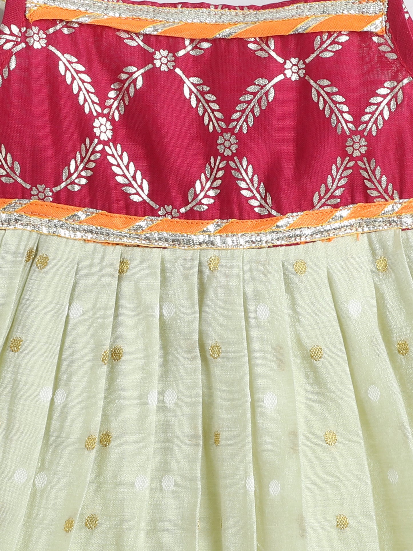 Many Frocks & Chanderi Sleeveless Lace Embellished Knee Length Flared Jhabla Baby Girls Ethnic Dress - Mint Green & Pink