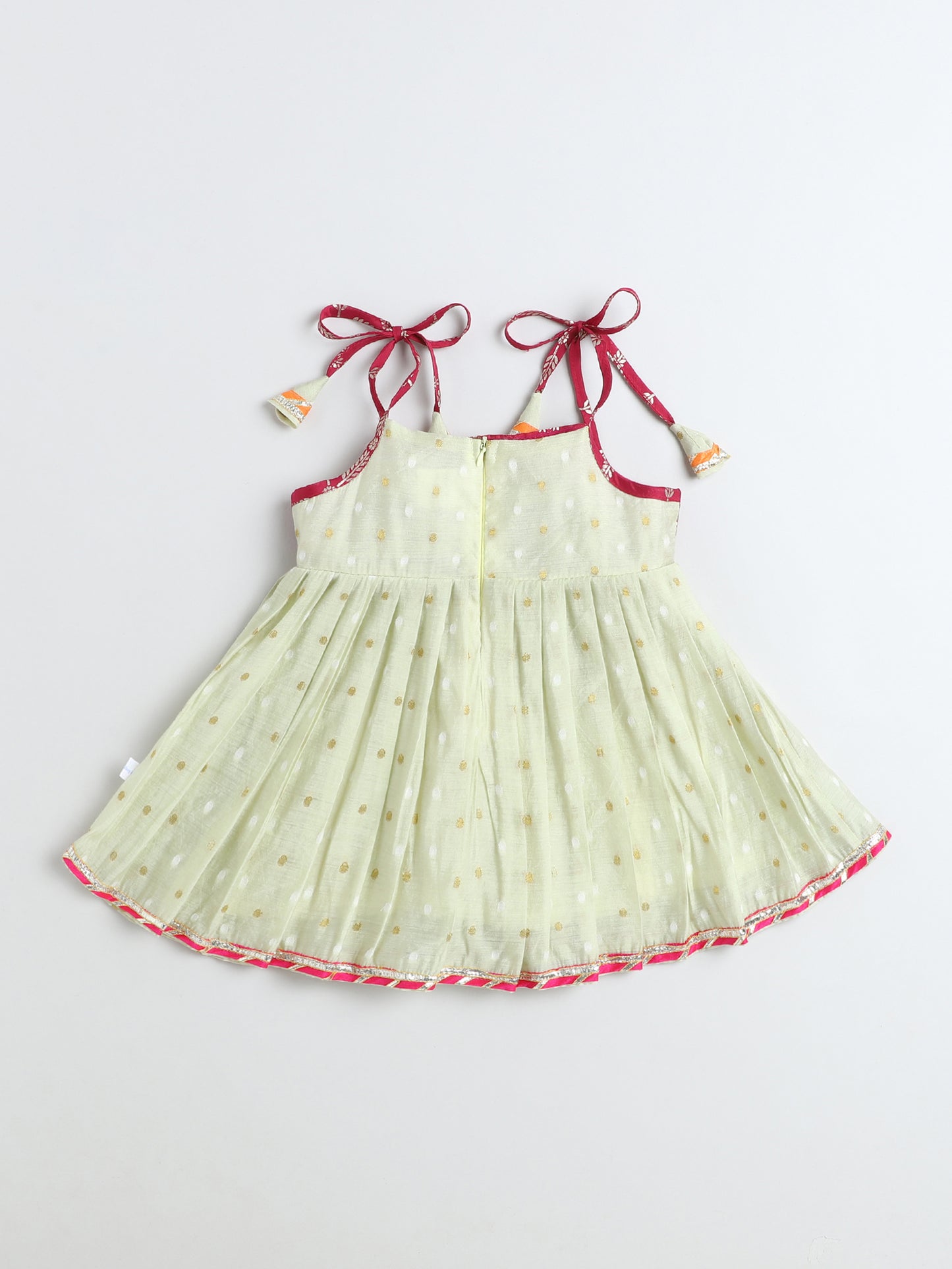 Many Frocks & Chanderi Sleeveless Lace Embellished Knee Length Flared Jhabla Baby Girls Ethnic Dress - Mint Green & Pink