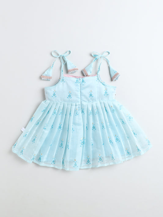 Many Frocks & Chanderi Sleeveless Lace Embellished Knee Length Flared Baby Girls Jhabla Ethnic Dress - Blue & Pink