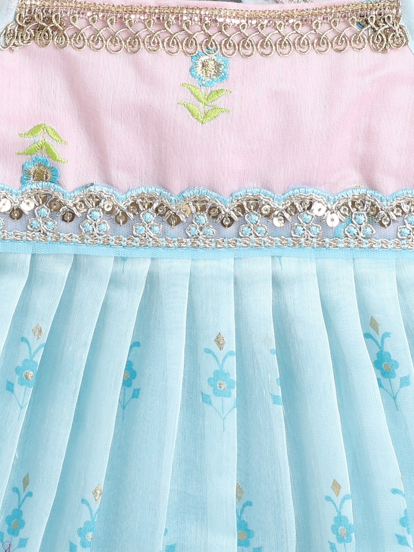 Many Frocks & Chanderi Sleeveless Lace Embellished Knee Length Flared  Baby Girls Jhabla Ethnic Dress - Blue & Pink