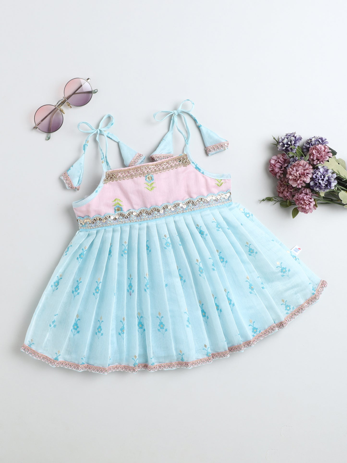 Many Frocks & Chanderi Sleeveless Lace Embellished Knee Length Flared  Baby Girls Jhabla Ethnic Dress - Blue & Pink