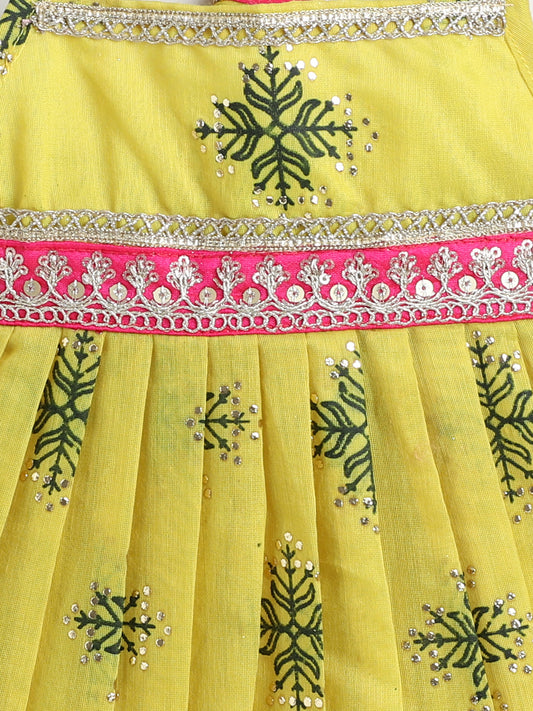 Many Frocks & Chanderi Sleeveless Lace Embellished Knee Length Flared Baby Jhabla Ethnic Dress - Yellow