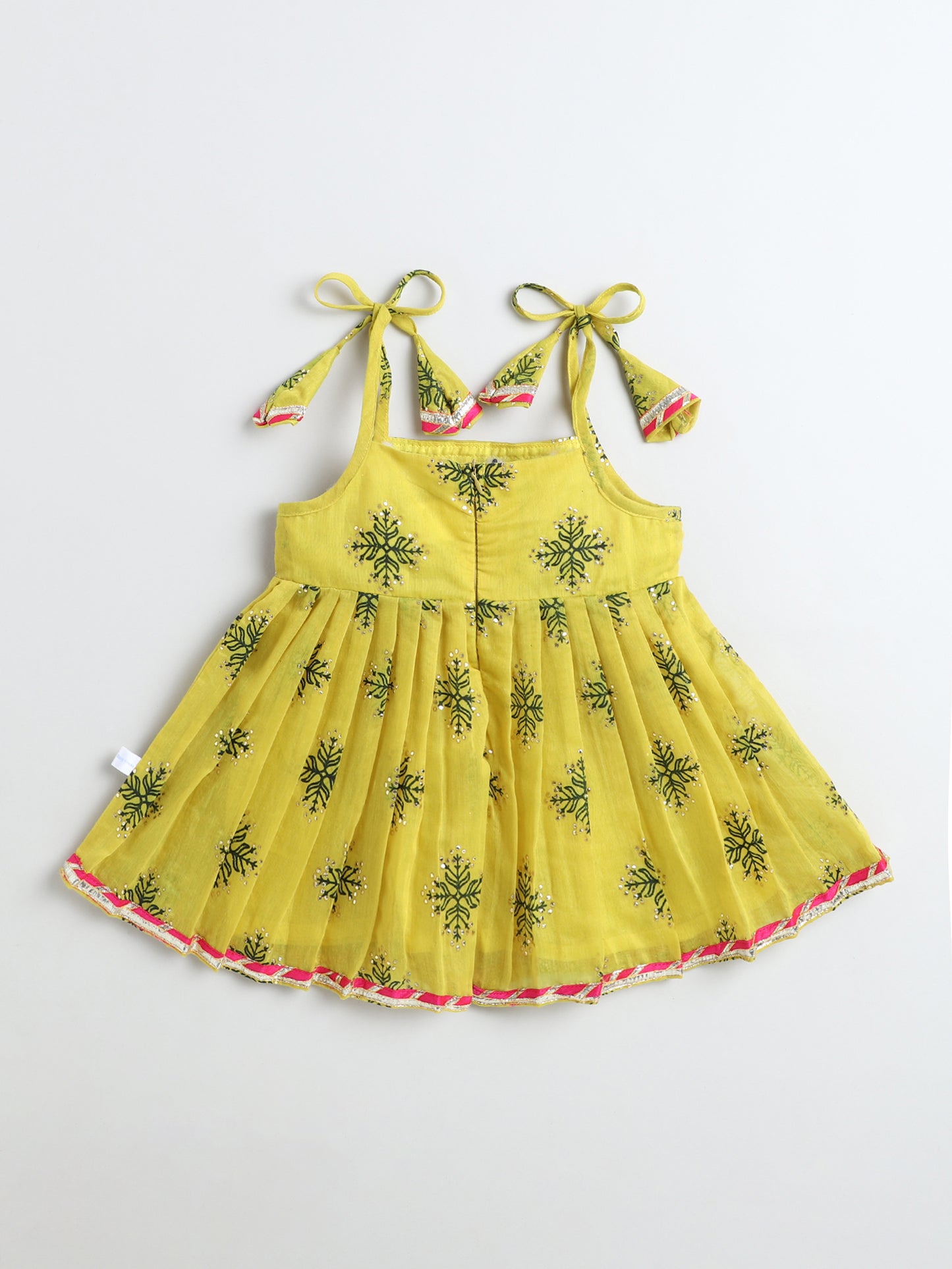Many Frocks & Chanderi Sleeveless Lace Embellished Knee Length Flared Baby Jhabla Ethnic Dress - Yellow