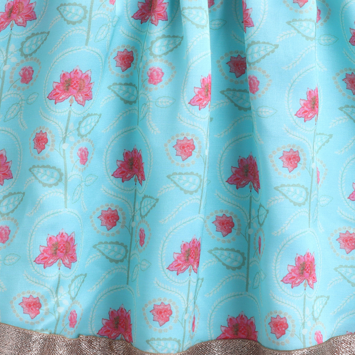 Many Frocks & Satin Brocade Sleeveless Lace Embellished Floral Printed Full Length Girl Ethnic Lehenga Choli Dupatta Set - Sea Green & Pink