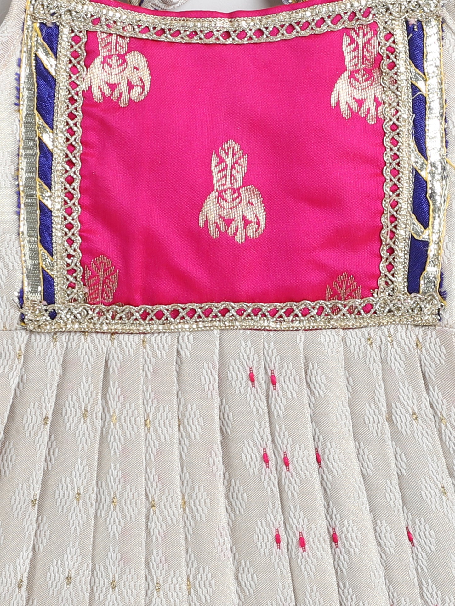 Many Frocks & Banarasi Sleeveless Lace Embellished Knee Length Flared Baby Girls Jhabla Ethnic Dress - Cream & Pink