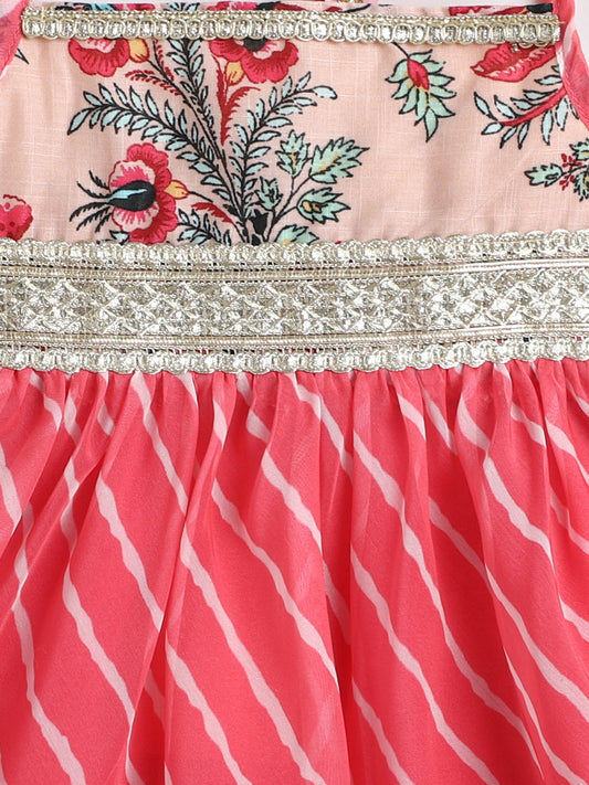 Many Frocks & Georgette Sleeveless Lace Embellished Printed Knee Length Flared Baby Girls Jhabla Ethnic Dress - Pink