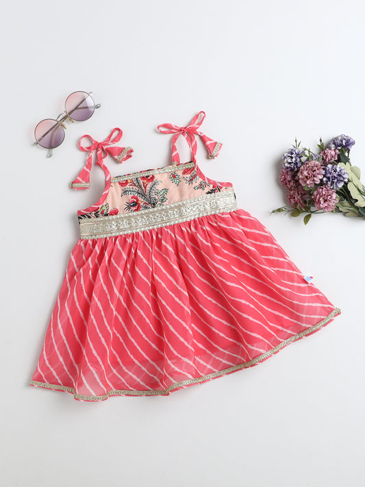 Many Frocks & Georgette Sleeveless Lace Embellished Printed Knee Length Flared Baby Girls Jhabla Ethnic Dress - Pink