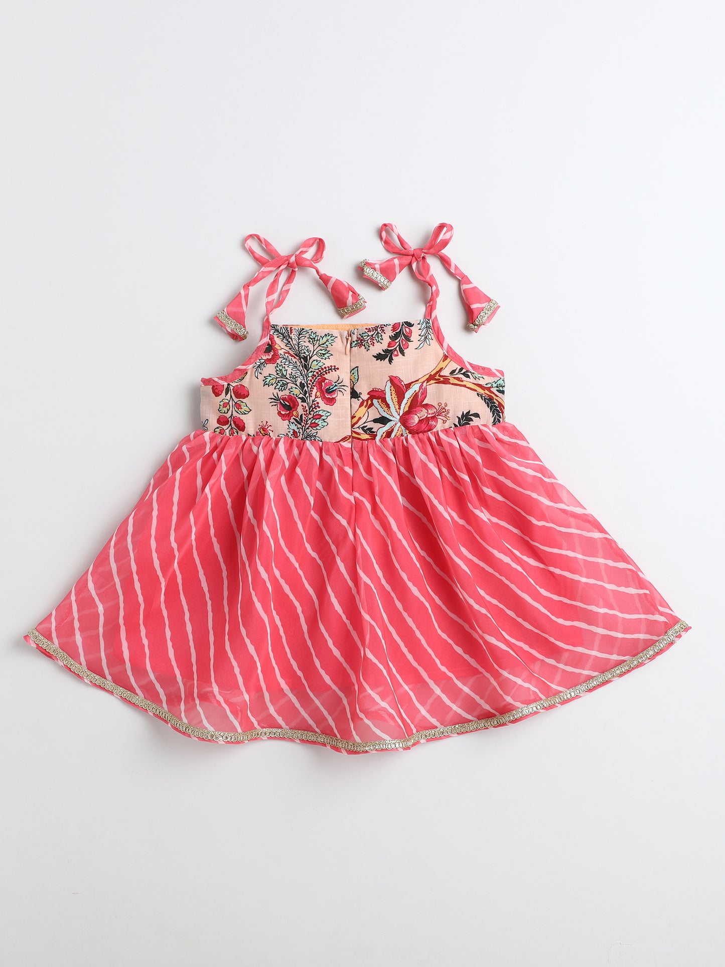 Many Frocks & Georgette Sleeveless Lace Embellished Printed Knee Length Flared Baby Girls Jhabla Ethnic Dress - Pink