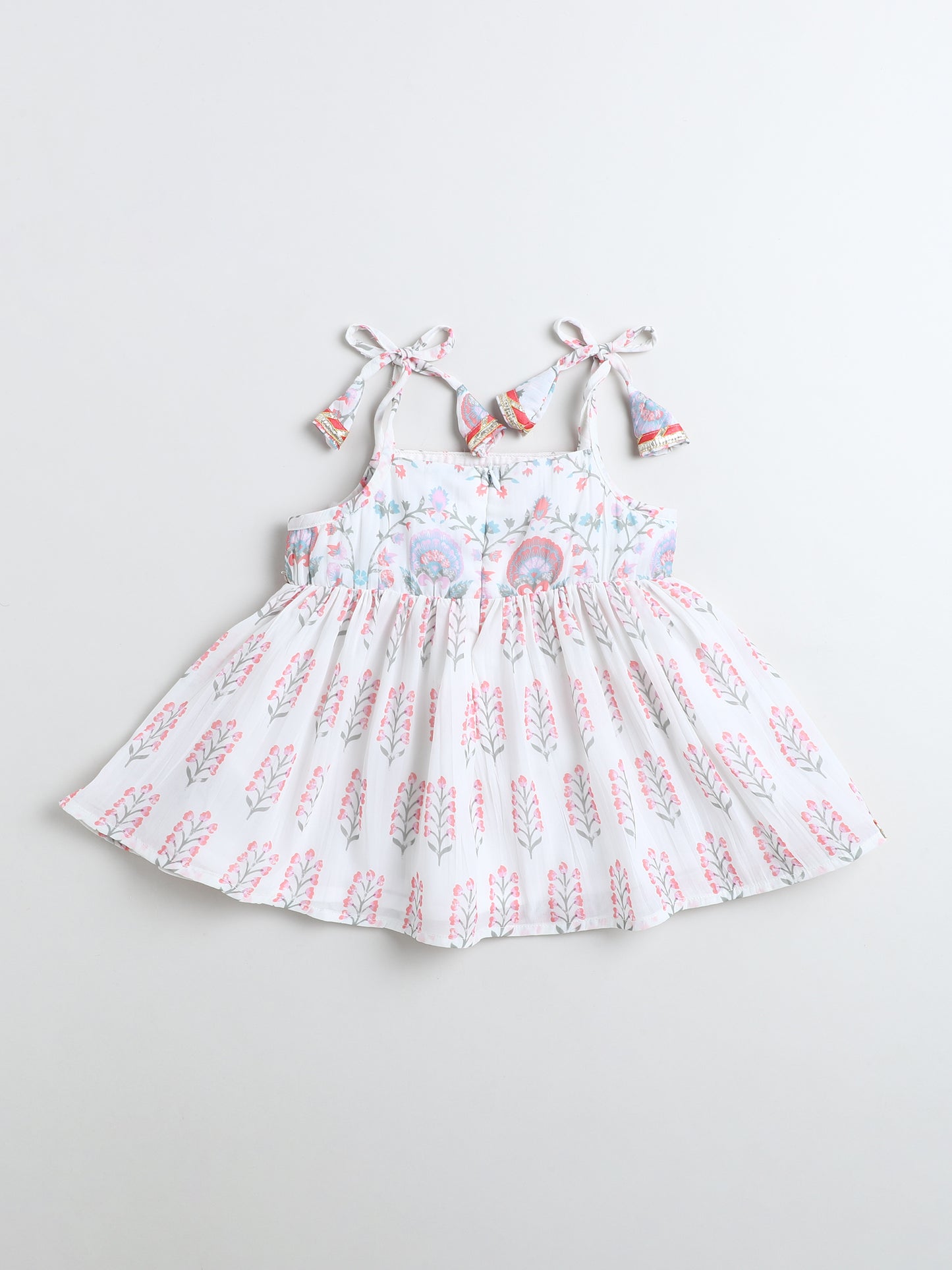 Many Frocks & Georgette Sleeveless Lace Embellished Printed Knee Length Flared Baby Girls Jhabla Ethnic Dress - Off White