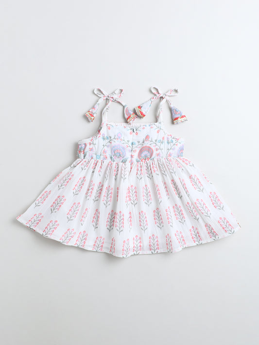 Many Frocks & Georgette Sleeveless Lace Embellished Printed Knee Length Flared Baby Girls Jhabla Ethnic Dress - Off White
