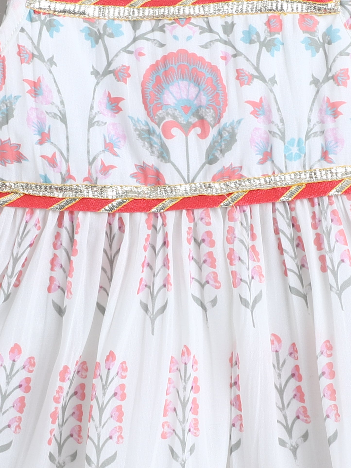 Many Frocks & Georgette Sleeveless Lace Embellished Printed Knee Length Flared Baby Girls Jhabla Ethnic Dress - Off White