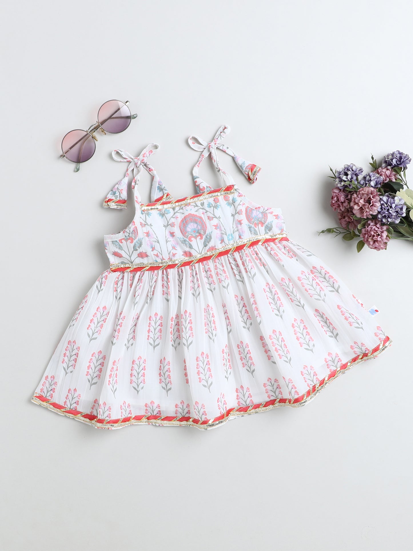 Many Frocks & Georgette Sleeveless Lace Embellished Printed Knee Length Flared Baby Girls Jhabla Ethnic Dress - Off White