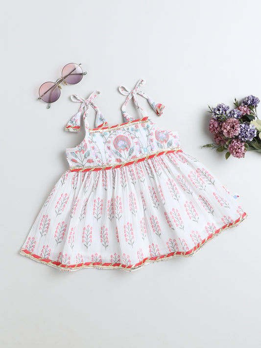 Many Frocks & Georgette Sleeveless Lace Embellished Printed Knee Length Flared Baby Girls Jhabla Ethnic Dress - Off White