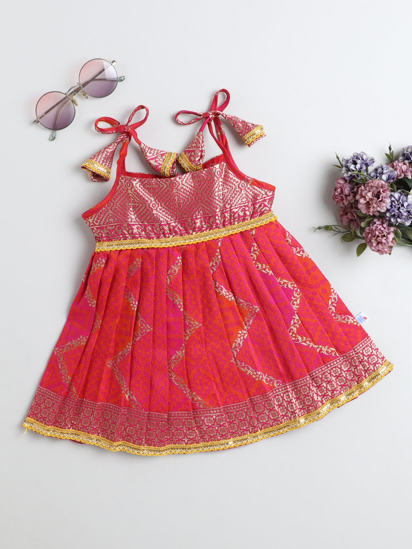Many Frocks & Banarasi Sleeveless Lace Embellished Knee Length Flared Baby Girls Jhabla Ethnic Dress - Pink