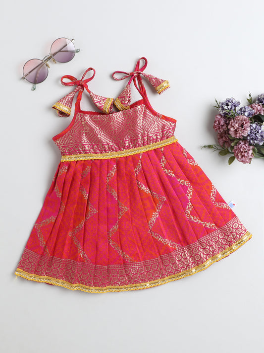 Many Frocks & Banarasi Sleeveless Lace Embellished Knee Length Flared Baby Girls Jhabla Ethnic Dress - Pink