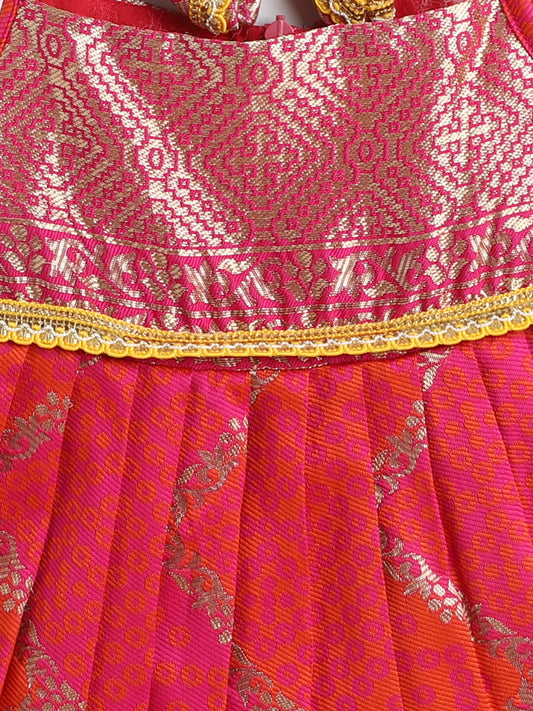 Many Frocks & Banarasi Sleeveless Lace Embellished Knee Length Flared Baby Girls Jhabla Ethnic Dress - Pink