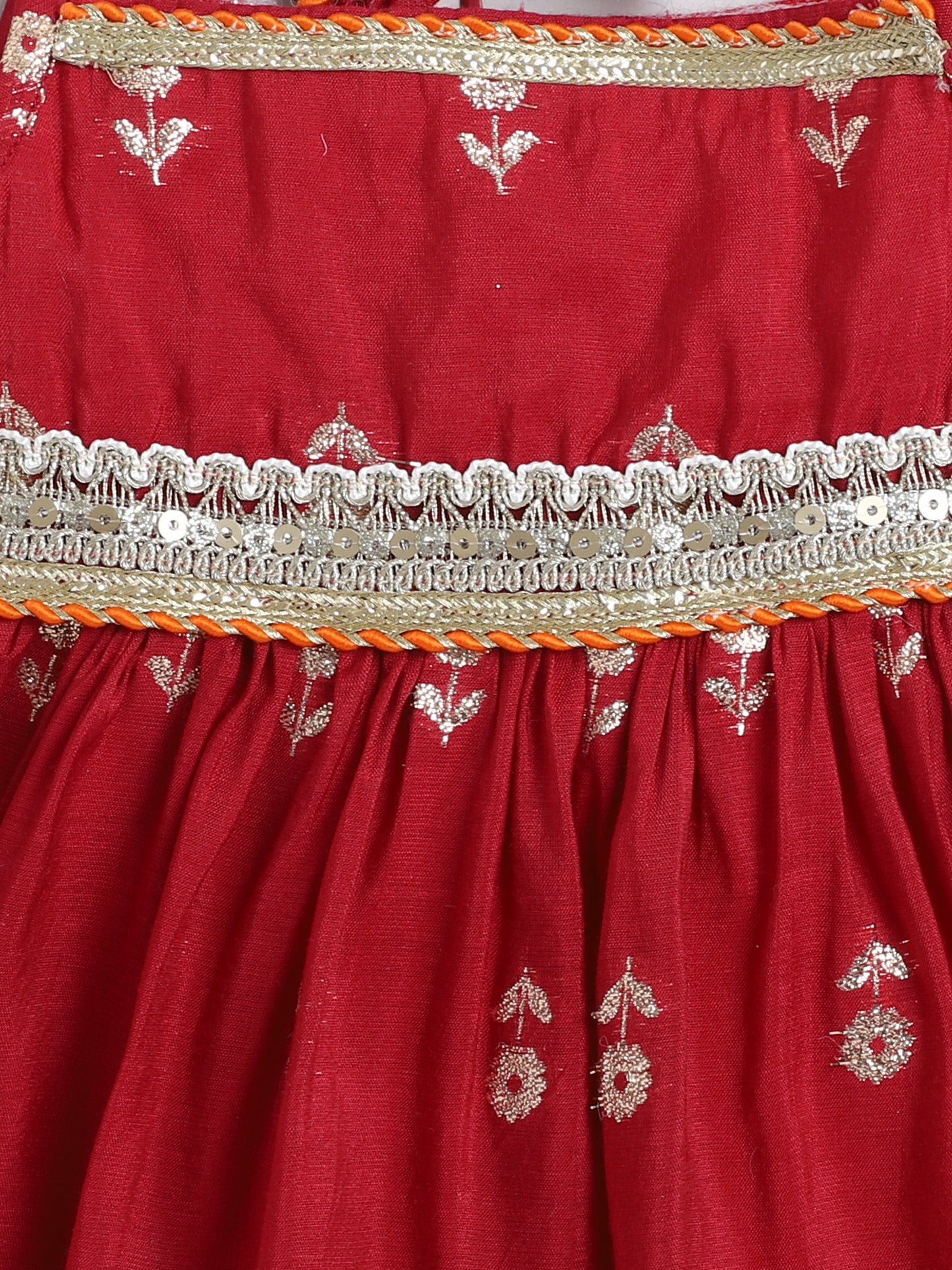 Many Frocks & Cotton golden flower woven Lace Embellished Knee Length Flared Baby Girls Jhabla Ethnic Dress - Maroon