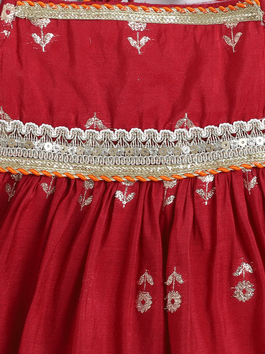 Many Frocks & Cotton golden flower woven Lace Embellished Knee Length Flared Baby Girls Jhabla Ethnic Dress - Maroon