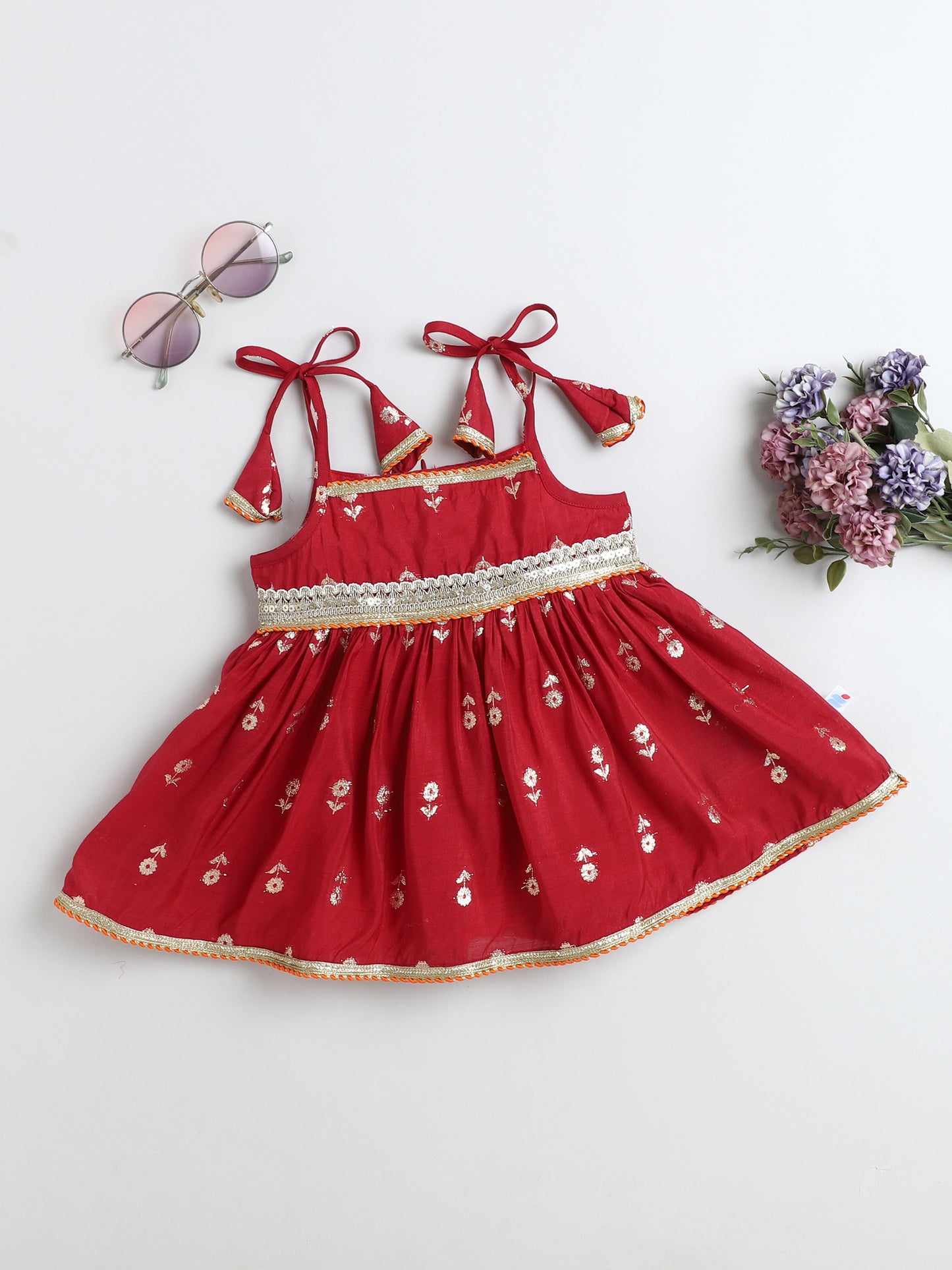 Many Frocks & Cotton golden flower woven Lace Embellished Knee Length Flared Baby Girls Jhabla Ethnic Dress - Maroon