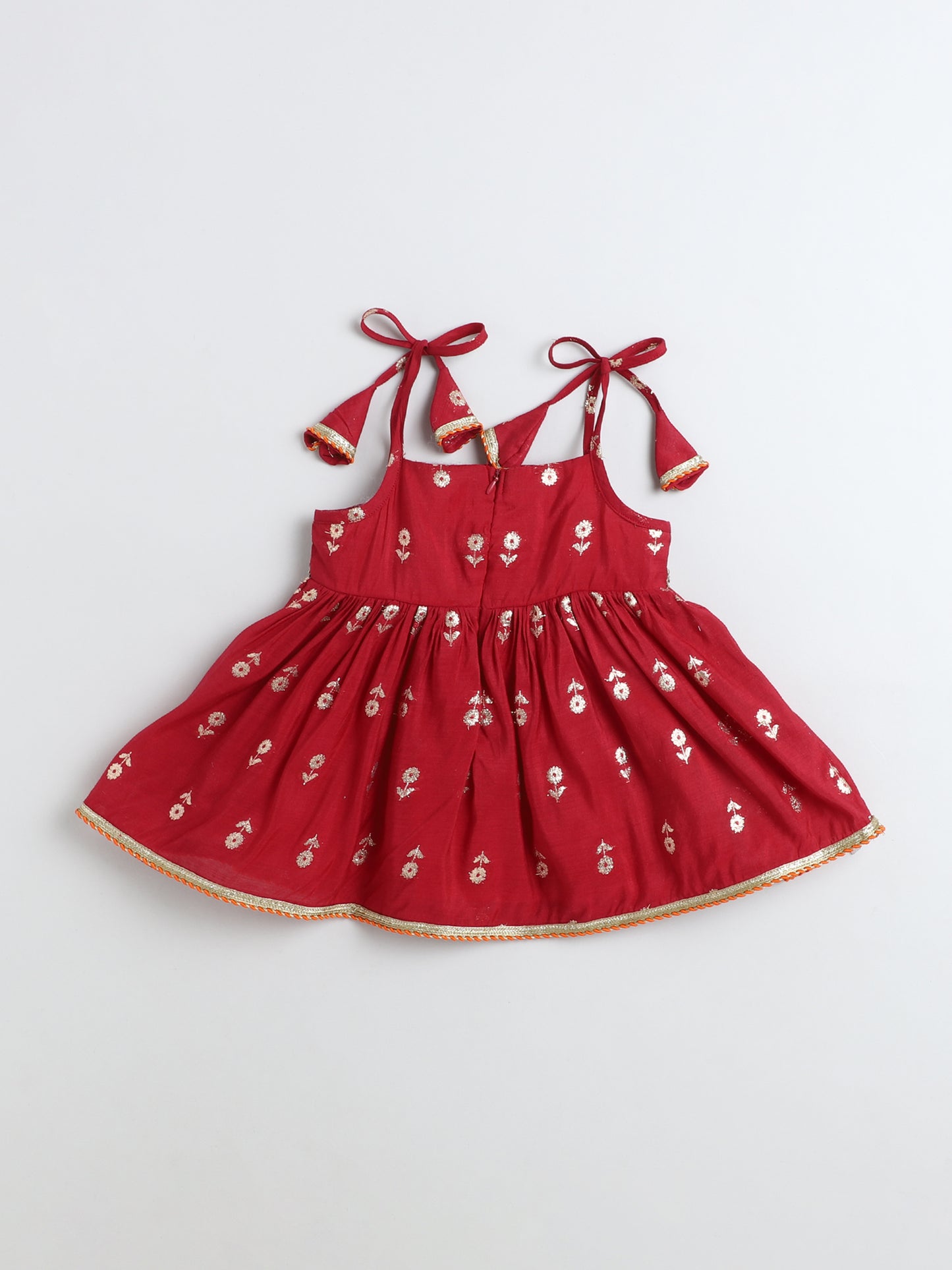 Many Frocks & Cotton golden flower woven Lace Embellished Knee Length Flared Baby Girls Jhabla Ethnic Dress - Maroon