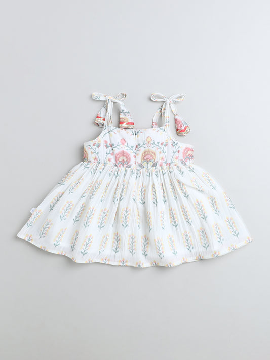 Many Frocks & Georgette Sleeveless Lace Embellished Printed Knee Length Flared Baby Girls Jhabla Ethnic Dress - Off White