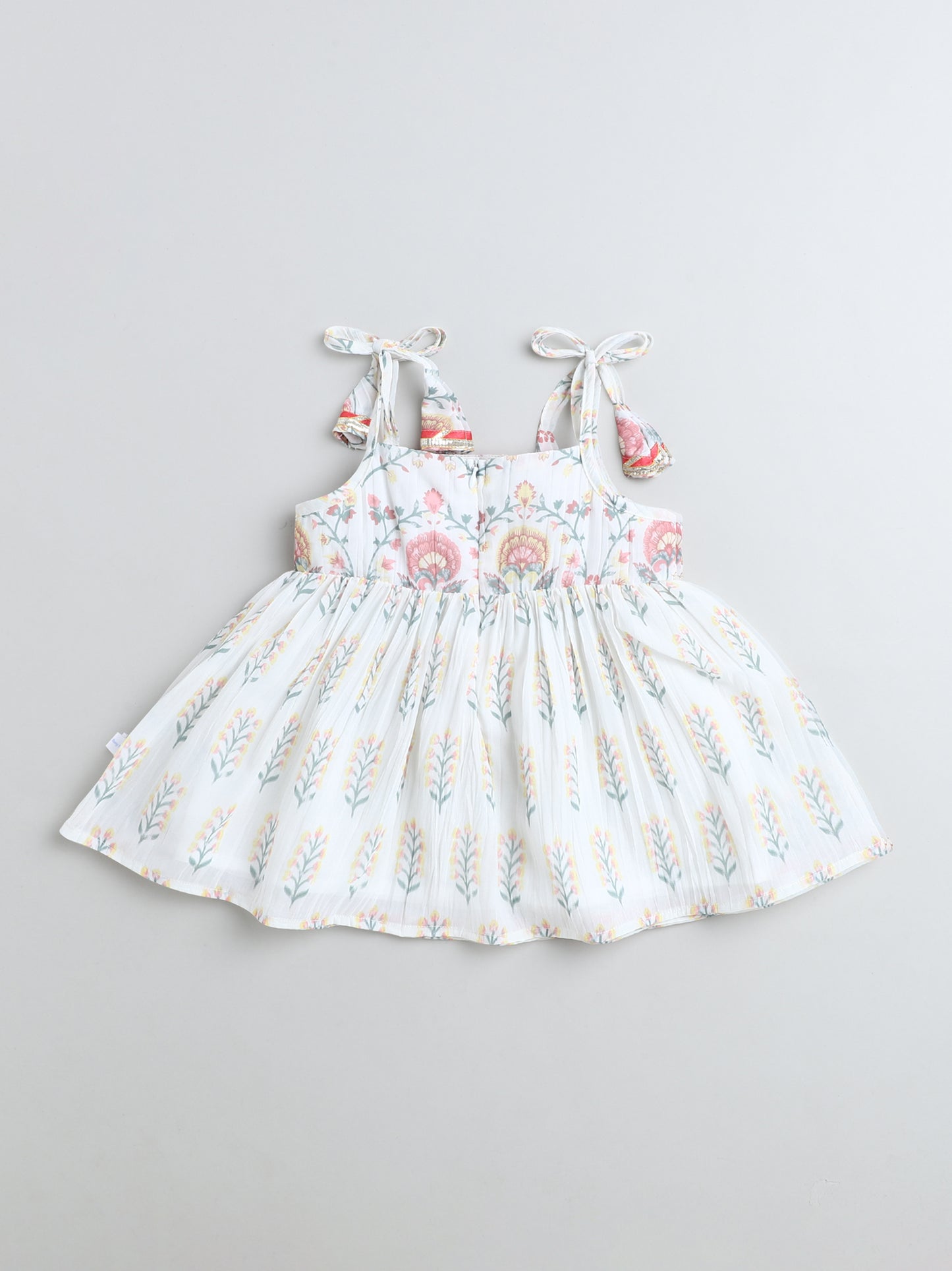 Many Frocks & Georgette Sleeveless Lace Embellished Printed Knee Length Flared Baby Girls Jhabla Ethnic Dress - Off White