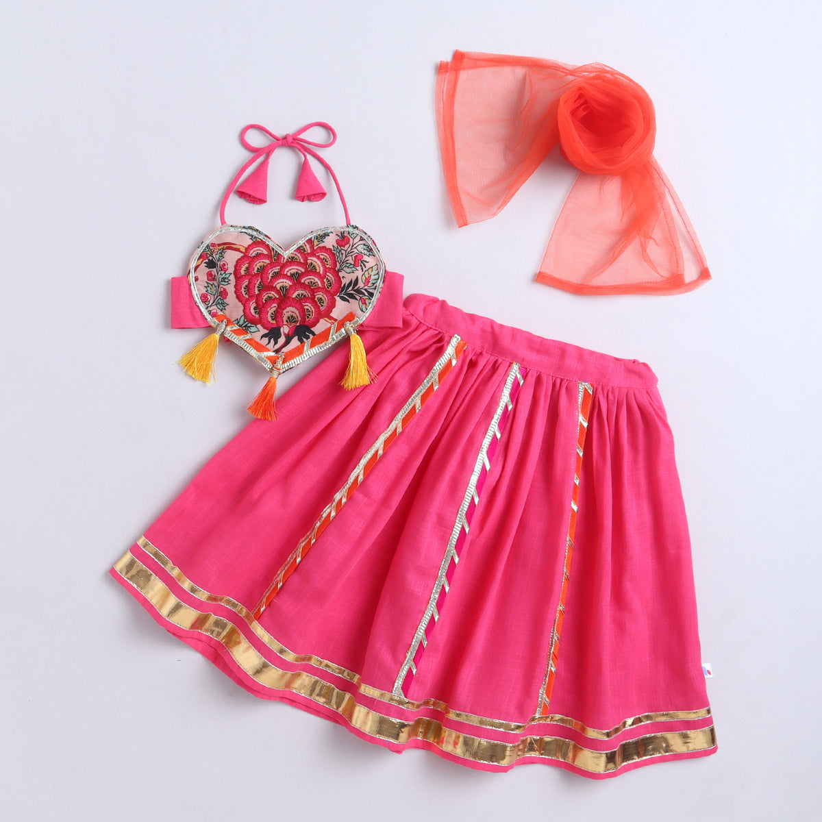 Many Frocks & Cotton Sleeveless Lace Embellished Heart Shape Printed Full Length Girl Ethnic Lehenga Choli Dupatta Set - Pink