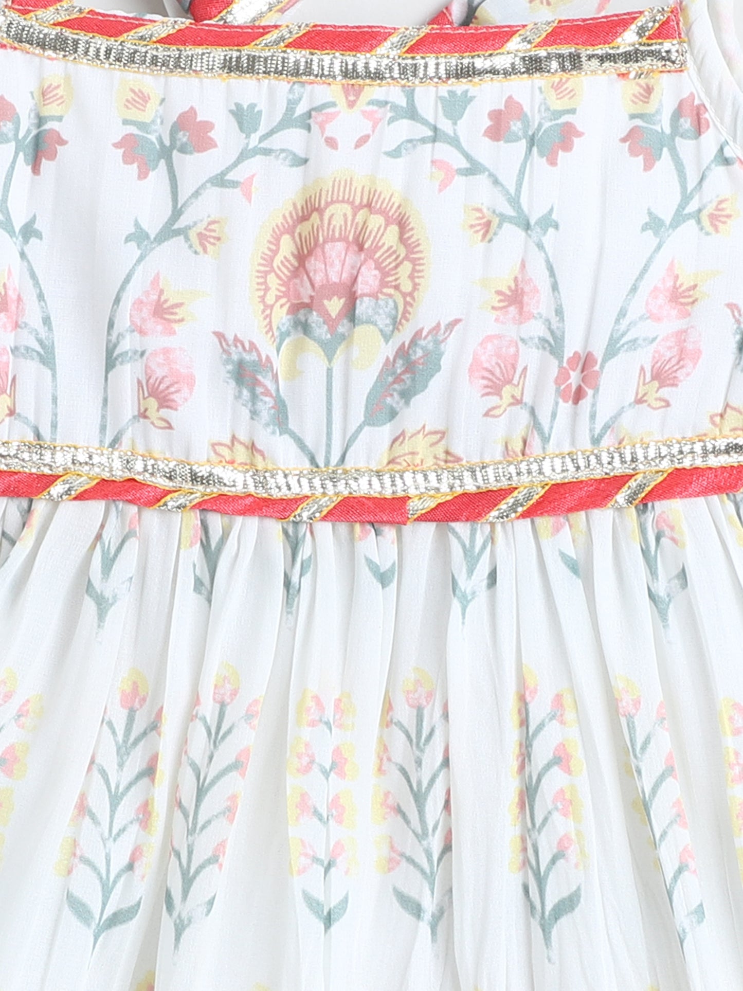 Many Frocks & Georgette Sleeveless Lace Embellished Printed Knee Length Flared Baby Girls Jhabla Ethnic Dress - Off White