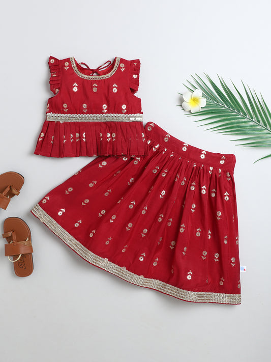 Many Frocks & Cotton golden flower Woven Lace Embellished Full Length Girls Lehenga Choli Set- Maroon