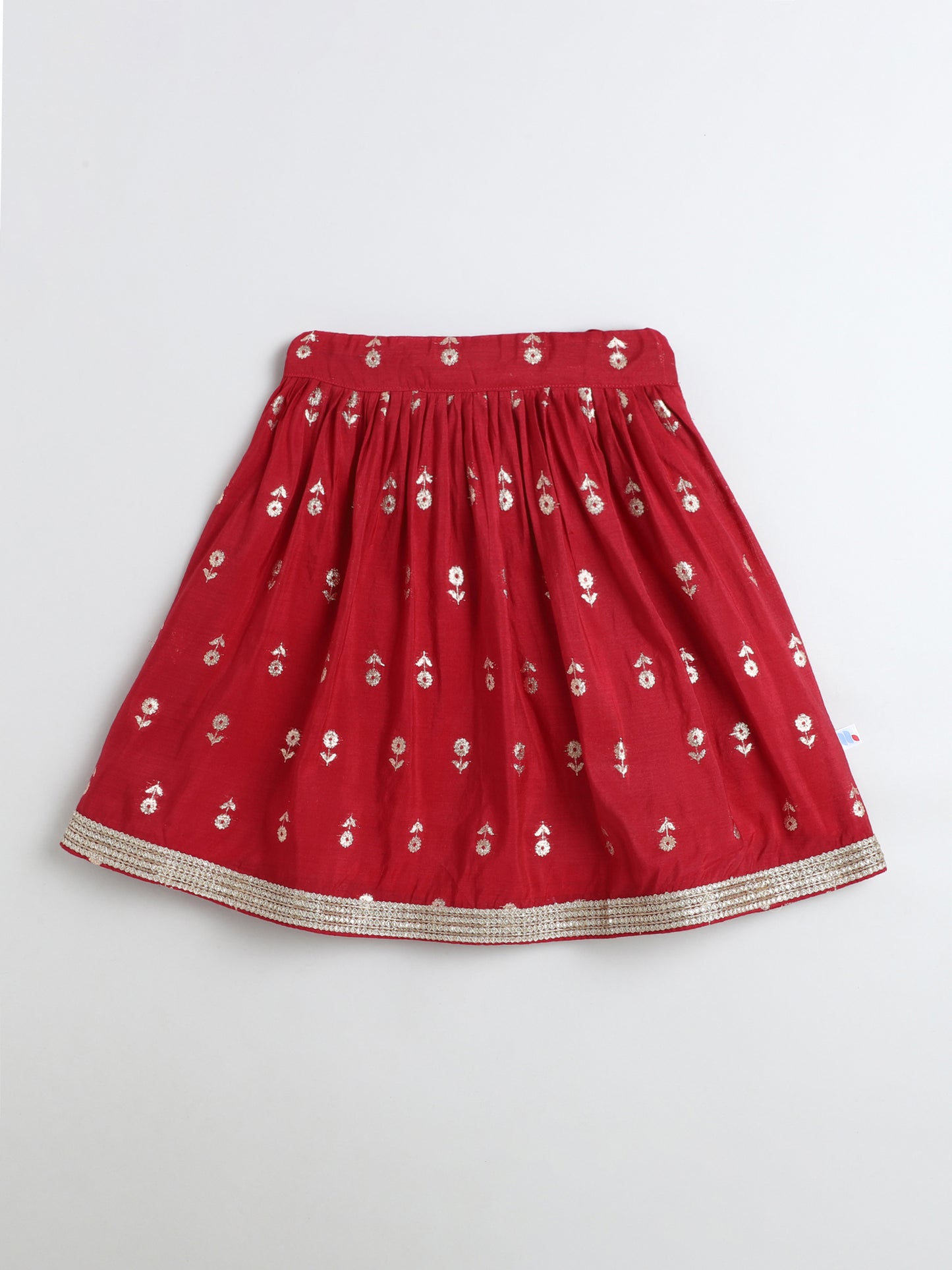 Many Frocks & Cotton golden flower Woven Lace Embellished Full Length Girls Lehenga Choli Set- Maroon