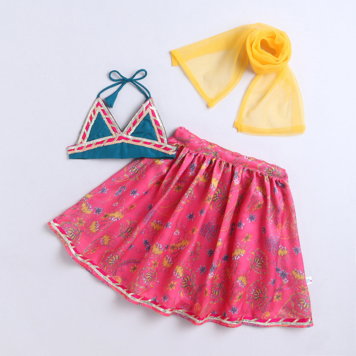 Many Frocks & Satin Brocade Sleeveless Lace Embellished Floral Printed Full Length Girl Ethnic Lehenga Choli Dupatta Set - Pink & Peacock Green