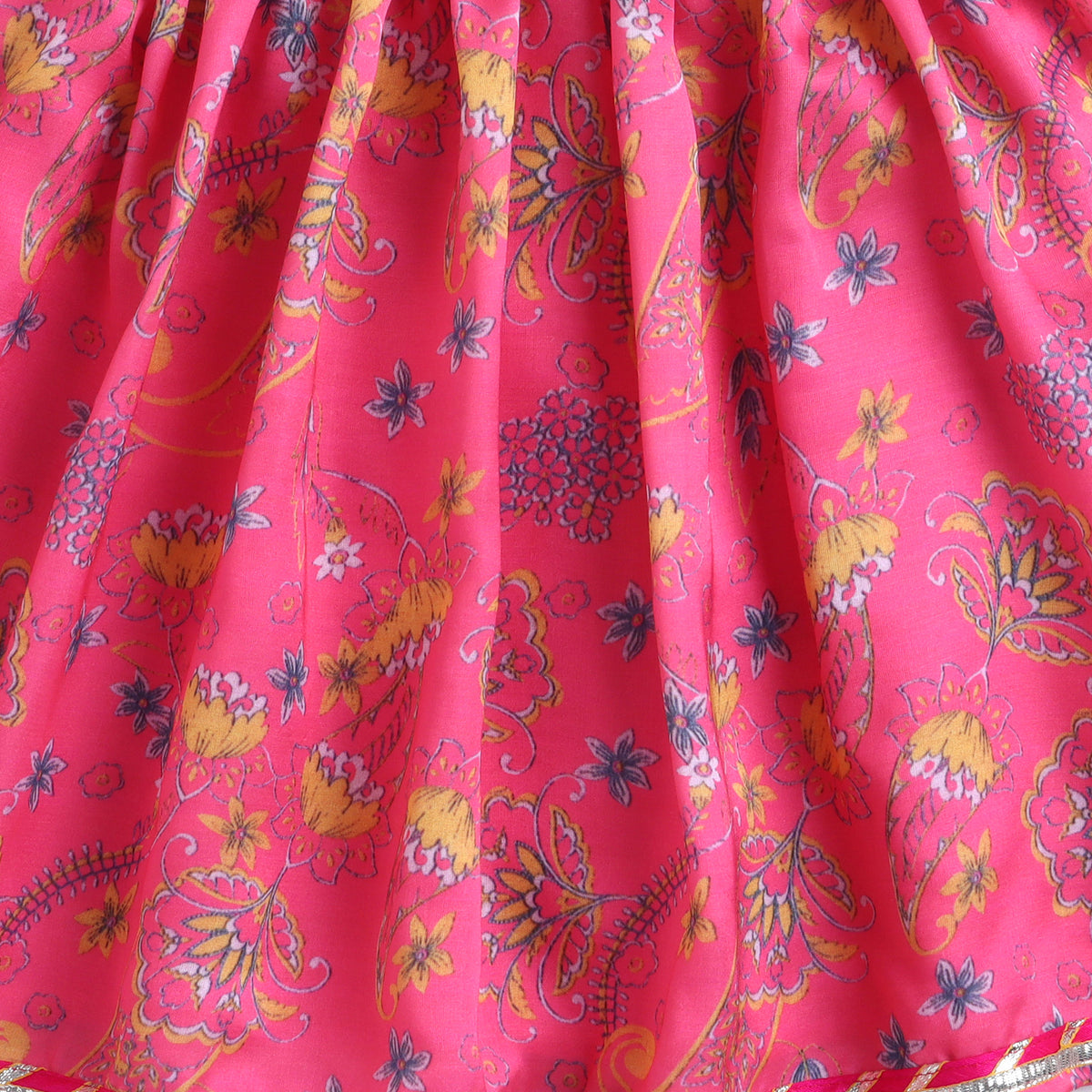 Many Frocks & Satin Brocade Sleeveless Lace Embellished Floral Printed Full Length Girl Ethnic Lehenga Choli Dupatta Set - Pink & Peacock Green