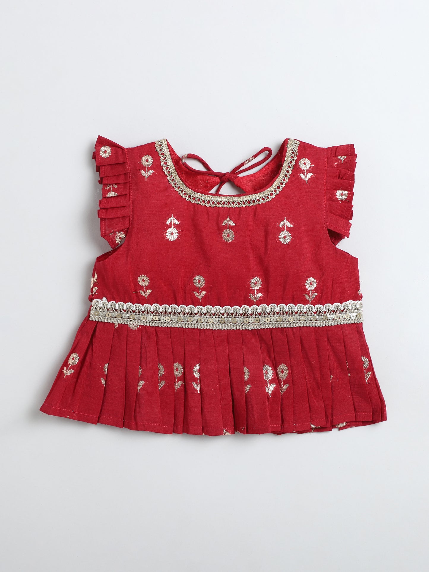 Many Frocks & Cotton golden flower Woven Lace Embellished Full Length Girls Lehenga Choli Set- Maroon