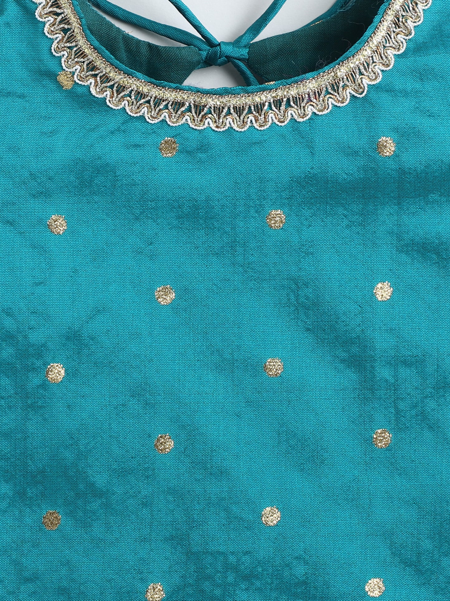 Many Frocks & Poly Slik & Banarasi woven Puff  Sleeves Lace Embellished Full Length Flared Girls Choli And Lehenga Pattu Pavdai Set  - Cream & Green
