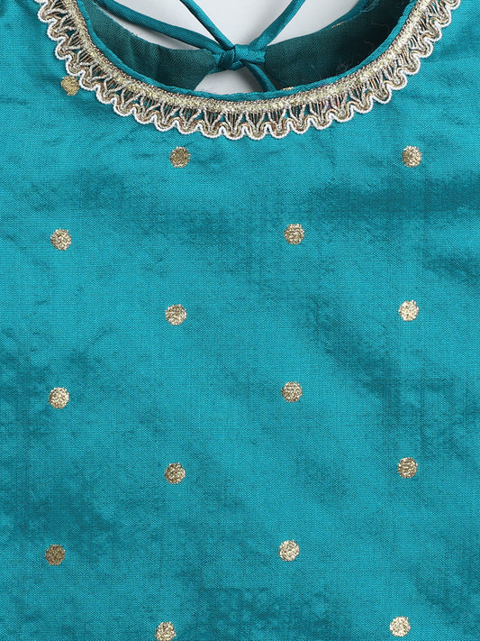 Many Frocks & Poly Slik & Banarasi woven Puff  Sleeves Lace Embellished Full Length Flared Girls Choli And Lehenga Pattu Pavdai Set  - Cream & Green