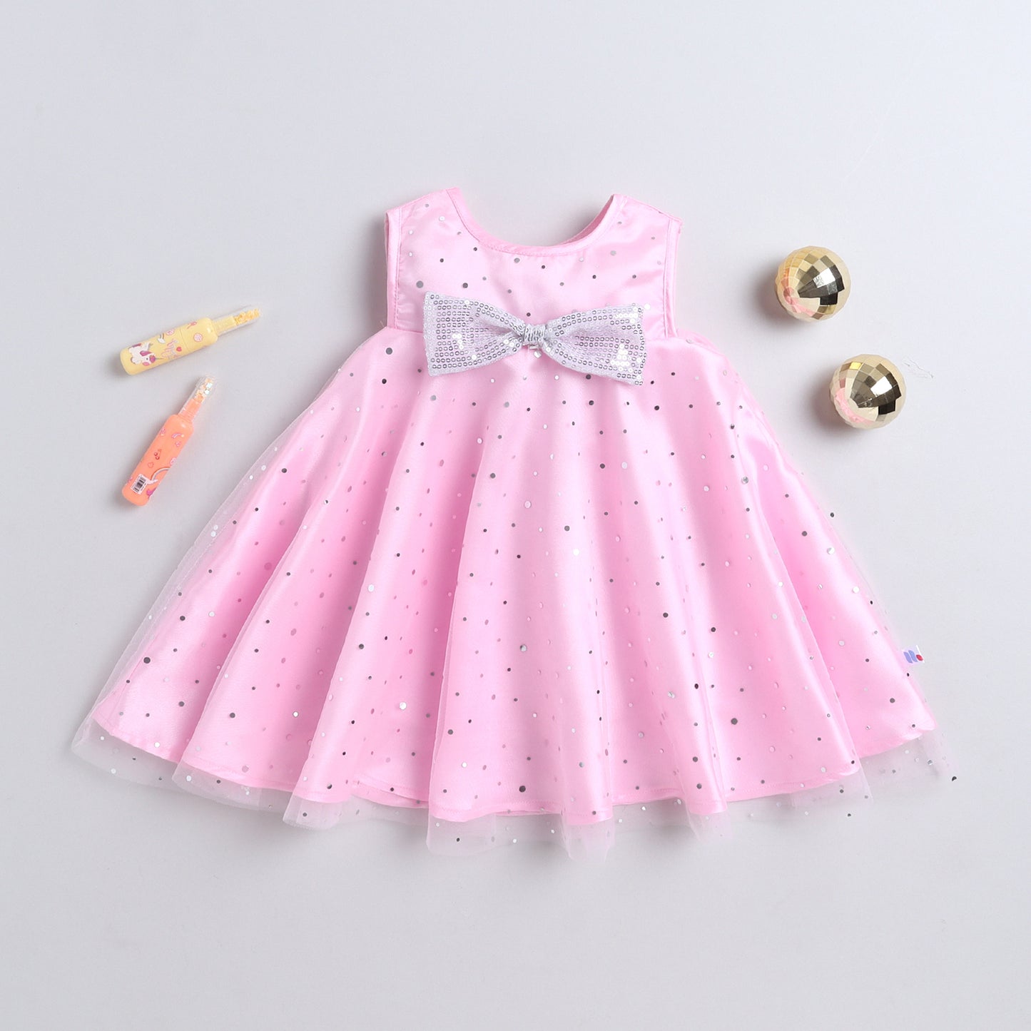 Many Frocks & Satin Sleeveless Bow Embellished Knee Length Flared A Line  Girls Christmas Party Dress - Pink