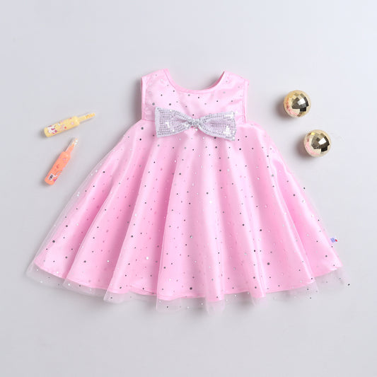 Many Frocks & Satin Sleeveless Bow Embellished Knee Length Flared A Line  Girls Christmas Party Dress - Pink