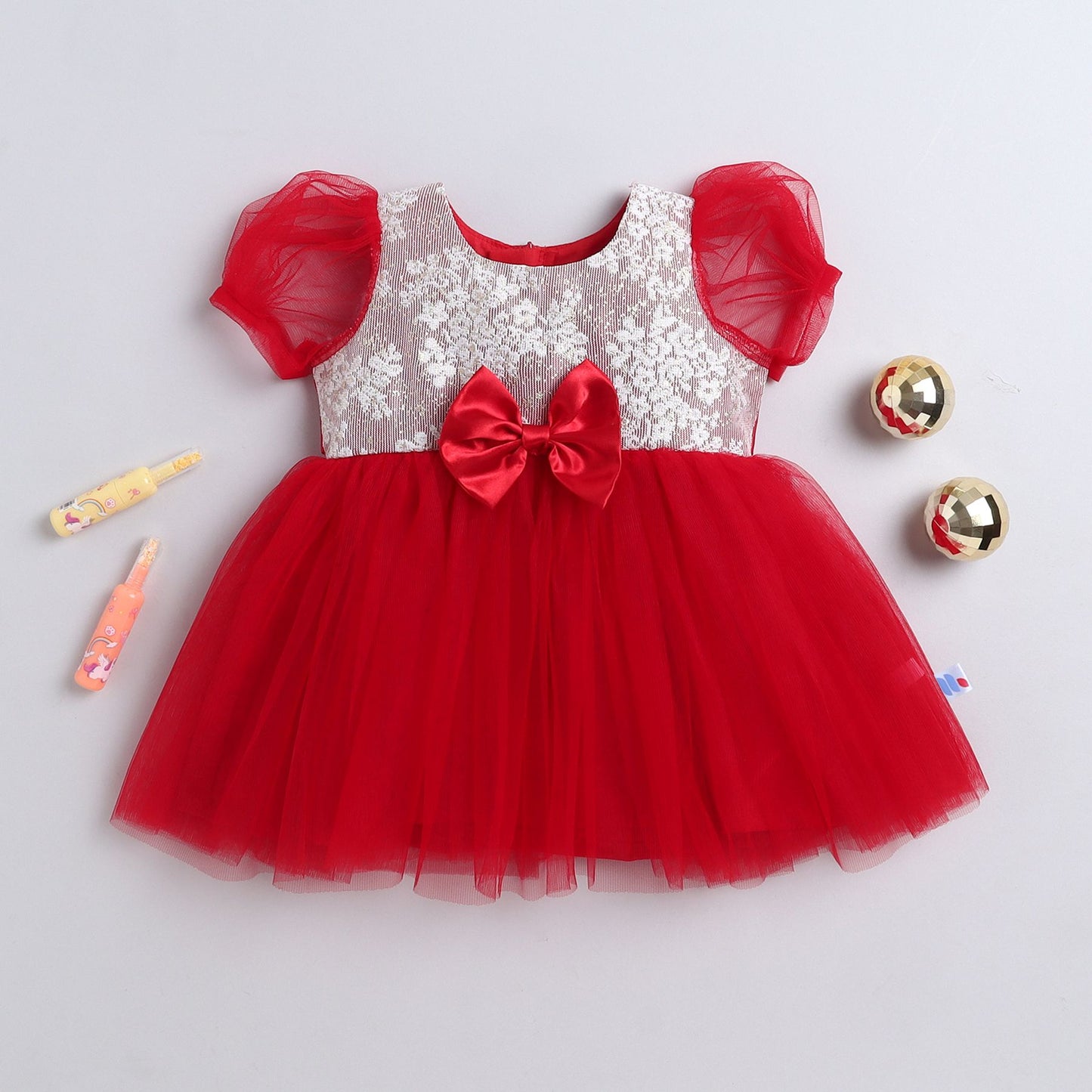 Many Frocks & Net Puff Sleeves Bow Embellished Knee Length Flared Girls Christmas Party Dress - Red & Cream