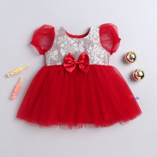 Many Frocks & Net Puff Sleeves Bow Embellished Knee Length Flared Girls Christmas Party Dress - Red & Cream