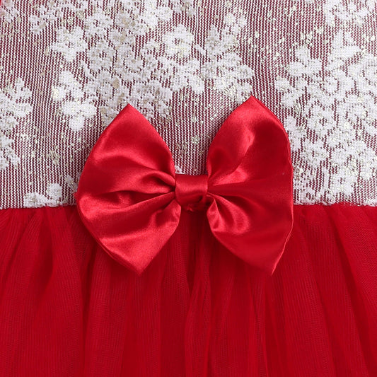 Many Frocks & Net Puff Sleeves Bow Embellished Knee Length Flared Girls Christmas Party Dress - Red & Cream
