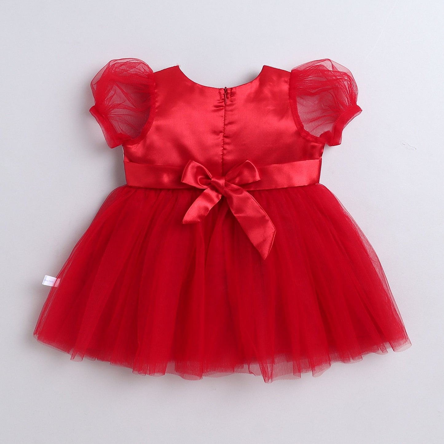 Many Frocks & Net Puff Sleeves Bow Embellished Knee Length Flared Girls Christmas Party Dress - Red & Cream